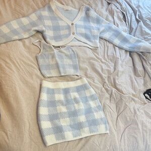 Three-Piece Light Blue & Cream Check Knit Set - Sweater, Tank, Skirt